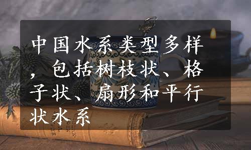 中国水系类型多样，包括树枝状、格子状、扇形和平行状水系