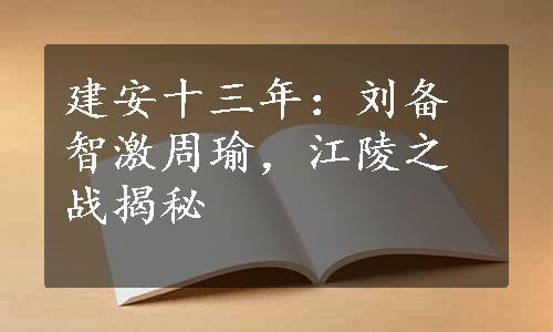 建安十三年：刘备智激周瑜，江陵之战揭秘