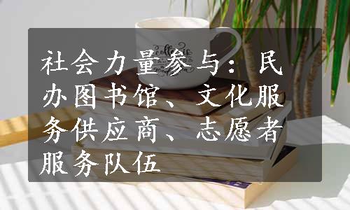 社会力量参与：民办图书馆、文化服务供应商、志愿者服务队伍