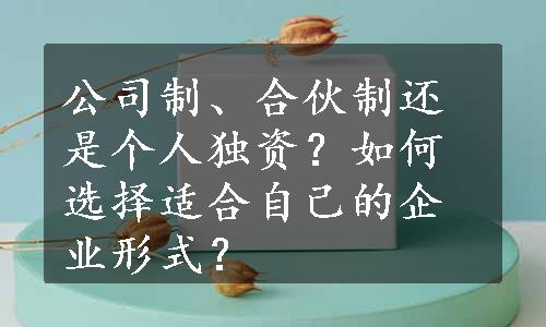 公司制、合伙制还是个人独资？如何选择适合自己的企业形式？