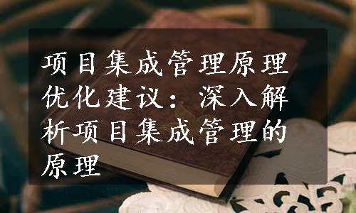 项目集成管理原理优化建议：深入解析项目集成管理的原理