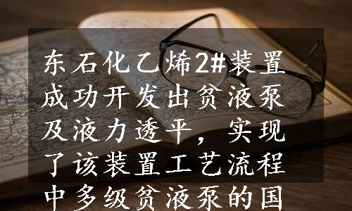 东石化乙烯2#装置成功开发出贫液泵及液力透平，实现了该装置工艺流程中多级贫液泵的国产化